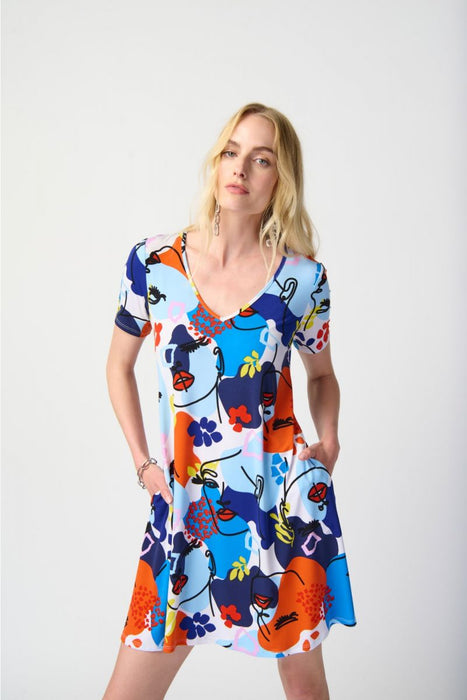 Joseph Ribkoff Vanilla/Multi Abstract Face Print Mini A-Line T-Shirt Dress 241294