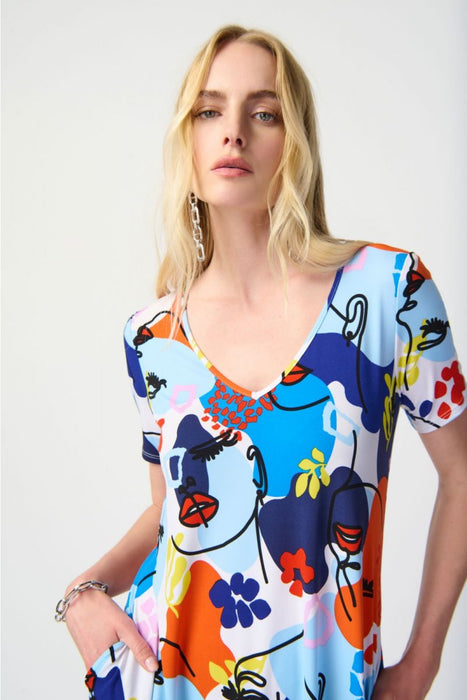 Joseph Ribkoff Vanilla/Multi Abstract Face Print Mini A-Line T-Shirt Dress 241294