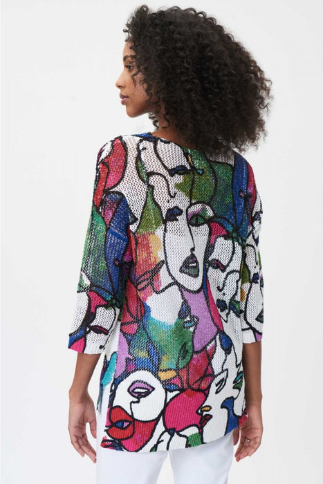 Joseph Ribkoff Vanilla/Multi Abstract Face Print 3/4 Sleeve Knit Sweater Top 232932 NEW