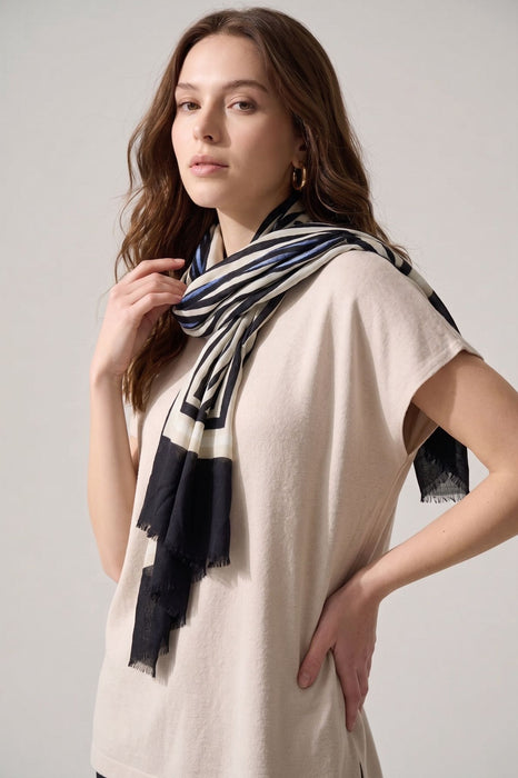 Joseph Ribkoff Vanilla/Multi Abstract Print Fringe Scarf 262968