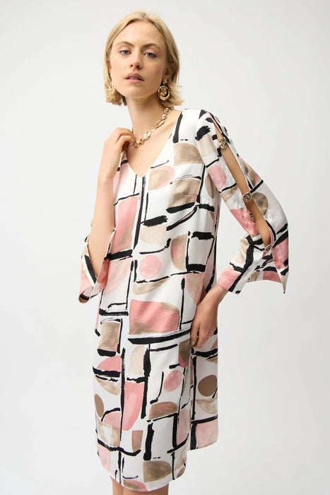Joseph Ribkoff Vanilla/Multi Abstract Slit Sleeve Shift Dress 261258