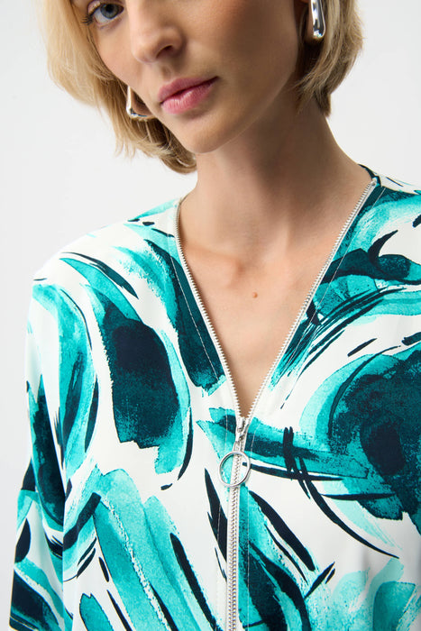 Joseph Ribkoff Vanilla/Multi Abstract Print Zip V-Neck Tunic Top 261284