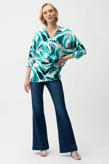 Joseph Ribkoff Vanilla/Multi Abstract Print Zip V-Neck Tunic Top 261284