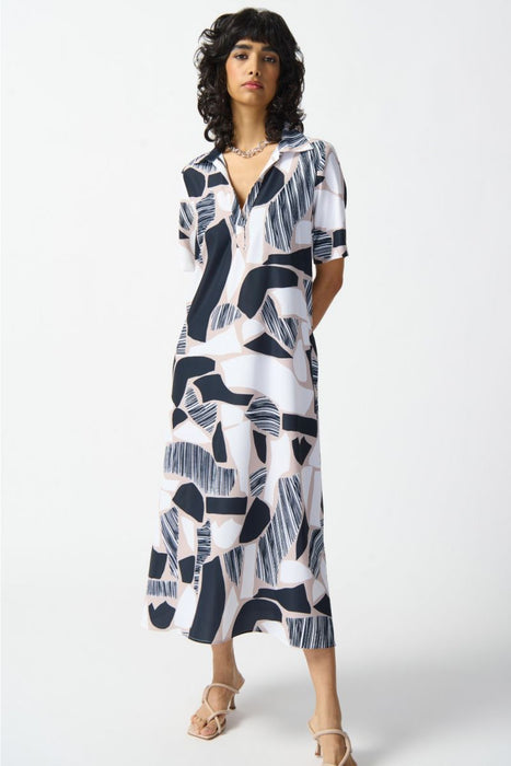 Joseph Ribkoff Vanilla/Multi Abstract Print Short Sleeve Maxi Shirt Dress 242227