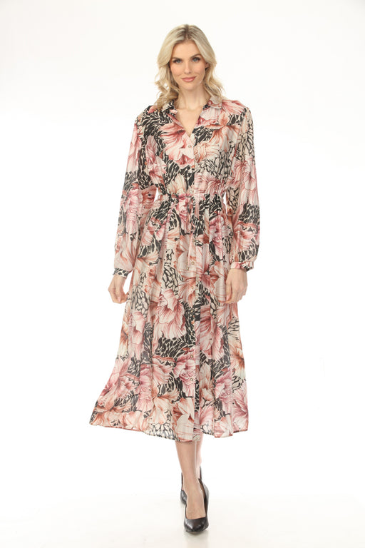 Woman wearing a floral printed midi dress with drawstring waist and button front closure from Joseph Ribkoff