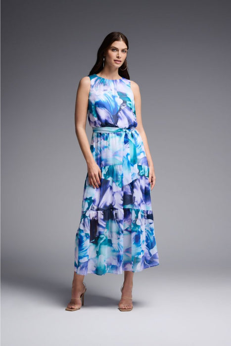 Joseph Ribkoff Style 231716 Vanilla/Multi Floral Print Belted Tiered Maxi Dress