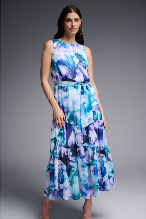 Joseph Ribkoff Vanilla/Multi Floral Print Belted Tiered Maxi Dress 231716 NEW