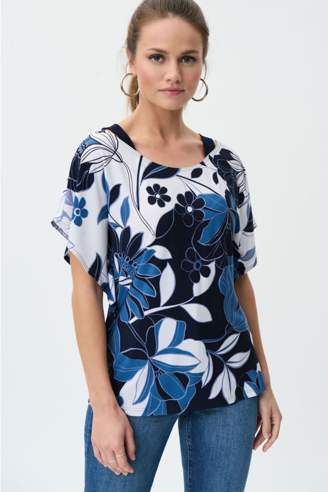 Joseph Ribkoff Style 231211 Vanilla/Multi Floral Print Cold-Shoulder Sleeve Top