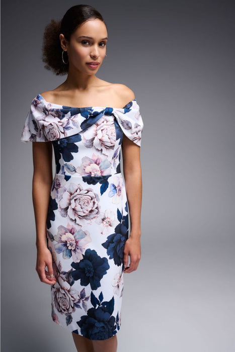 Joseph Ribkoff Vanilla/Multi Floral Print Off-Shoulder Sheath Dress 231745