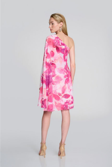 Joseph Ribkoff Vanilla/Multi Floral Print One-Shoulder Cape Sleeve Mini Dress 242716