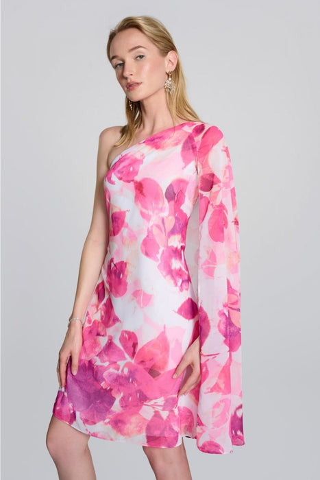 Joseph Ribkoff Vanilla/Multi Floral Print One-Shoulder Cape Sleeve Mini Dress 242716