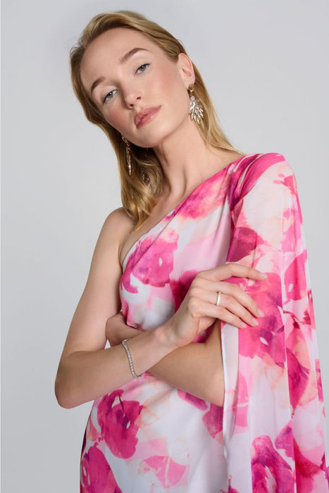 Joseph Ribkoff Vanilla/Multi Floral Print One-Shoulder Cape Sleeve Mini Dress 242716