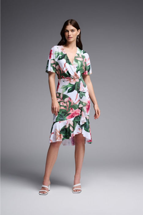 Joseph Ribkoff Style 231722 Vanilla/Multi Floral Print Split Sleeves Ruffled Sheath Dress