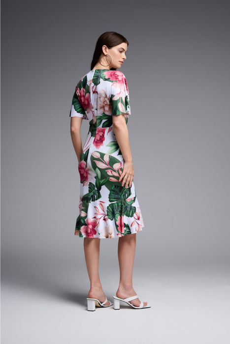 Joseph Ribkoff Vanilla/Multi Floral Print Split Sleeves Ruffled Sheath Dress 231722