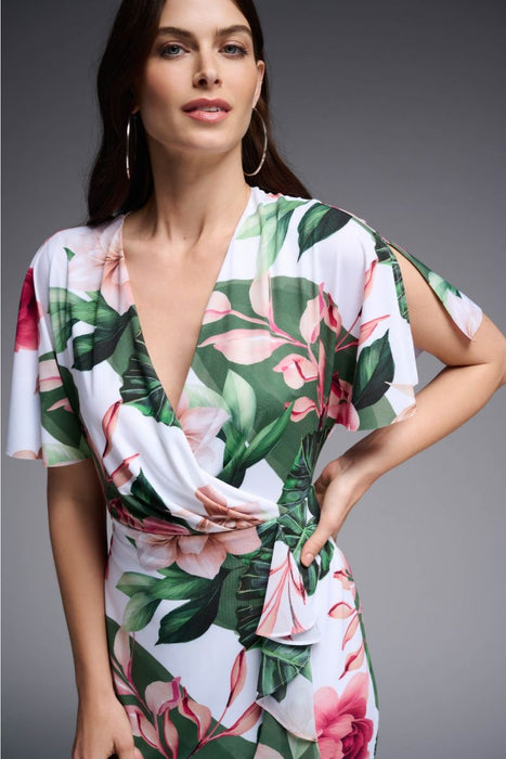 Joseph Ribkoff Vanilla/Multi Floral Print Split Sleeves Ruffled Sheath Dress 231722