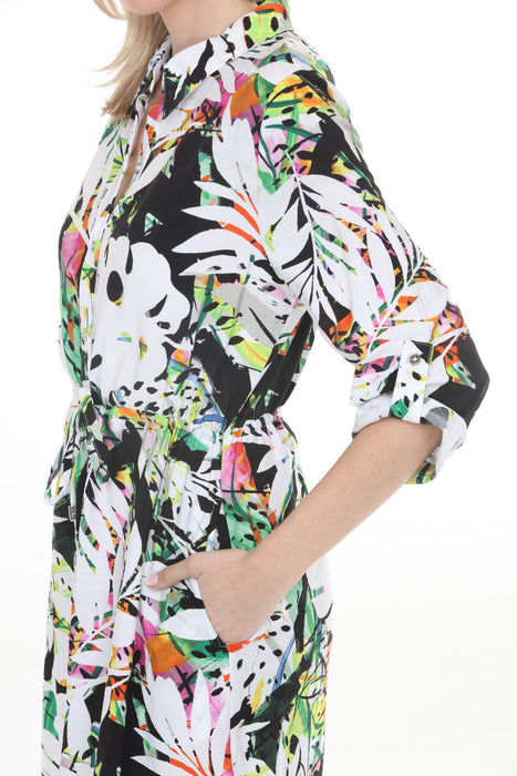 Joseph Ribkoff Vanilla/Multi Tropical Drawstring Waist Shirt Dress 261623