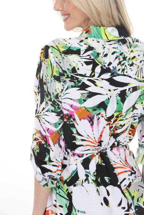 Joseph Ribkoff Vanilla/Multi Tropical Drawstring Waist Shirt Dress 261623