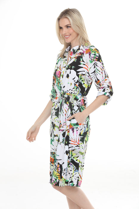 Joseph Ribkoff Vanilla/Multi Tropical Drawstring Waist Shirt Dress 261623