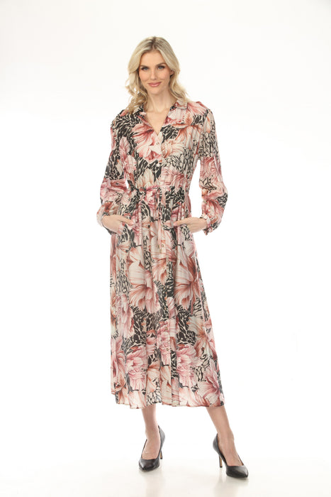 Woman wearing a vanilla and multi-color floral midi shirt dress with long sleeves, button front, and waist tie, styled with heels.