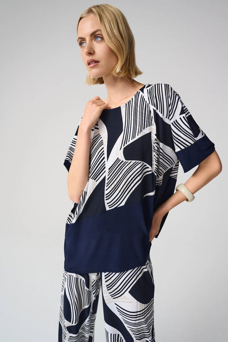 Joseph Ribkoff Vanilla/Multi Geometric Short Sleeve Asymmetric Top 261283