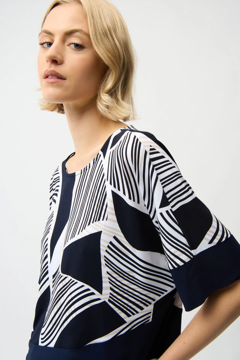 Joseph Ribkoff Vanilla/Multi Geometric Short Sleeve Asymmetric Top 261283