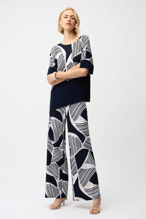Joseph Ribkoff Vanilla/Multi Geometric Short Sleeve Asymmetric Top 261283