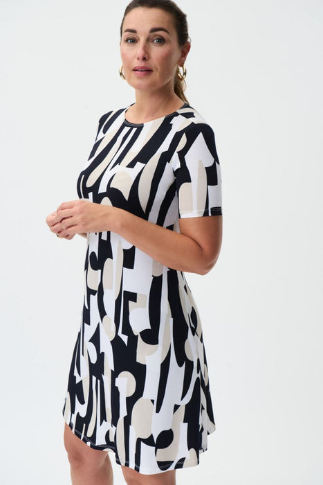 Joseph Ribkoff Vanilla/Multi Geometric Print Short Sleeve T-Shirt Dress 232270 NEW