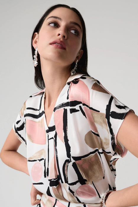Joseph Ribkoff Vanilla/Multi Geometric V-Neck Satin Top 261308