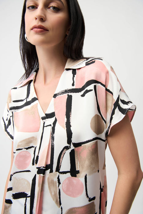 Joseph Ribkoff Vanilla/Multi Geometric V-Neck Satin Top 261308