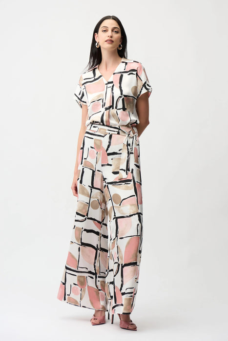 Joseph Ribkoff Vanilla/Multi Geometric V-Neck Satin Top 261308