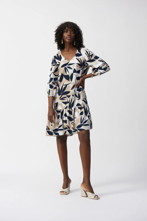 Joseph Ribkoff Style 251003 Vanilla/Multi Leaf Print Puff Sleeve Trapeze Dress
