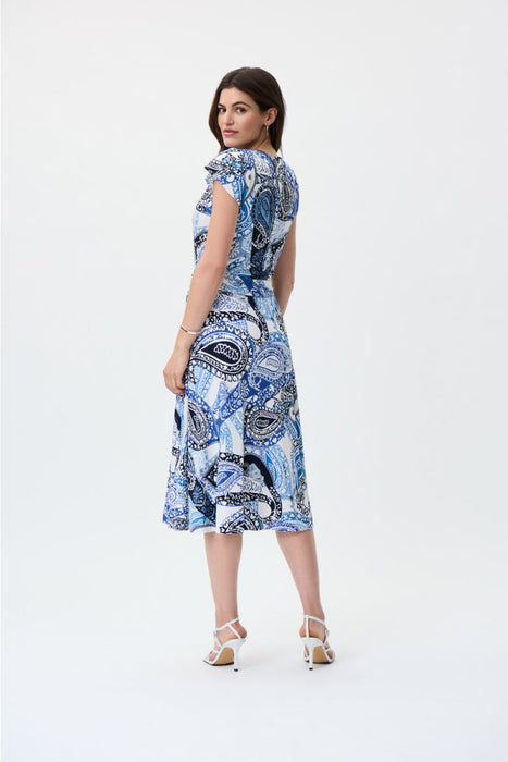Joseph Ribkoff Vanilla/Multi Paisley Print Cap Sleeves Belted Faux Wrap Dress 231298