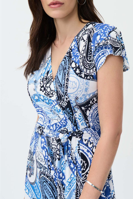 Joseph Ribkoff Vanilla/Multi Paisley Print Cap Sleeves Belted Faux Wrap Dress 231298 NEW