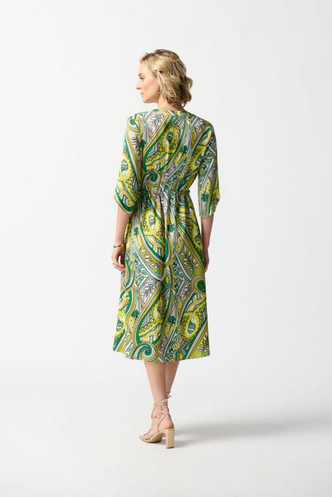 Joseph Ribkoff Vanilla/Multi Paisley Print Waist Tie Satin Midi Shirt Dress 242208