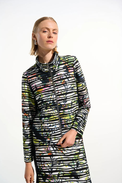 Woman wearing a tropical stripe patterned zip front jacket with high neck from Joseph Ribkoff