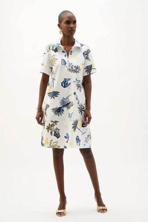 Woman wearing Joseph Ribkoff tropical print A-line dress styled for summer outings, resort wear, vacations, and casual chic daytime looks.