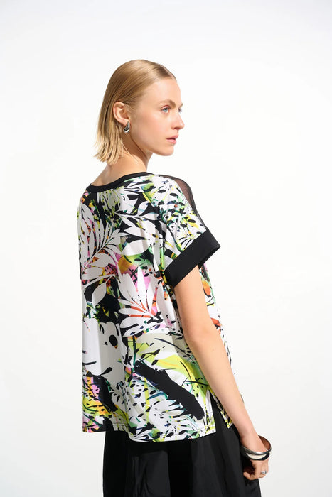 Joseph Ribkoff Vanilla/Multi Tropical Mesh Insert Tunic Top 261643