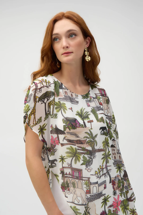 Joseph Ribkoff 252228 Vanilla/Multi Tropical Print Poncho Style Top