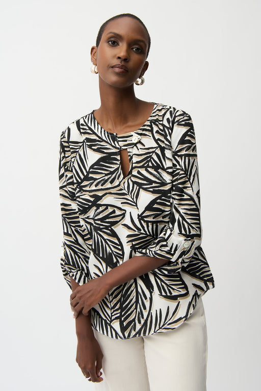 Joseph Ribkoff 261207 Vanilla/Multi Tropical Print Zip Keyhole Neck Tunic Top