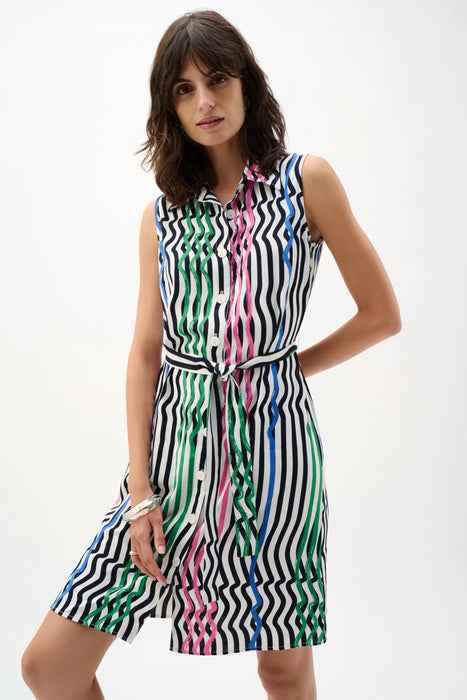 Joseph Ribkoff Vanilla/Multi Wavy Stripes Belted Shirt Dress 262111
