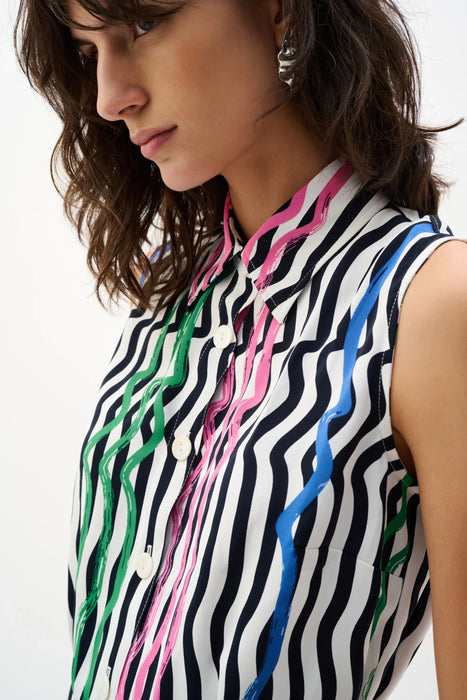 Joseph Ribkoff Vanilla/Multi Wavy Stripes Belted Shirt Dress 262111