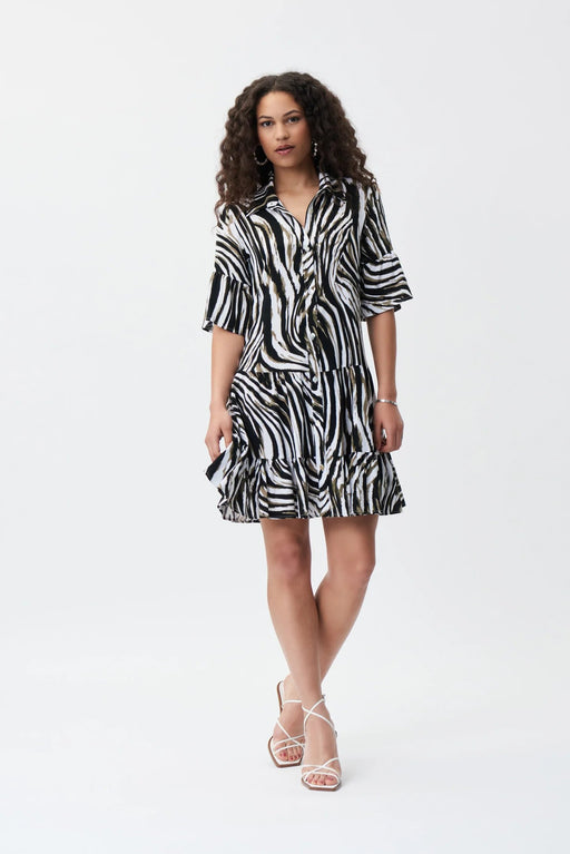 Joseph Ribkoff Style 231134 Vanilla/Multi Zebra Print 3/4 Sleeves Button Down Mini Shirt Dress