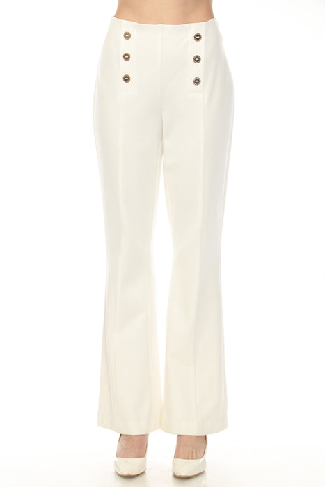 Woman wearing a white flared pants with sailor buttons accent at the front from Joseph Ribkoff