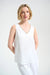 Woman wearing a white sleeveless top with rhinestone trim v-neck from Joseph Ribkoff