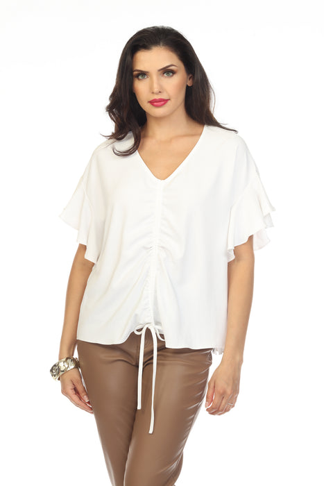 Joseph Ribkoff Style 231241 Vanilla Ruched Drawstring Front Butterfly Sleeve Top