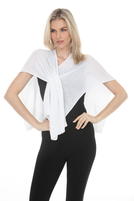 Woman wearing Joseph Ribkoff draped cover-up for elegant evening outfit