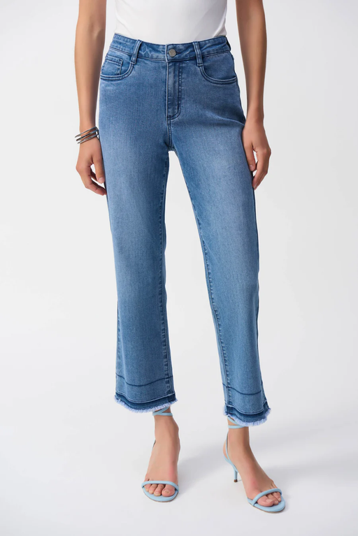 Joseph Ribkoff 251957 Vintage Blue Denim Cropped Frayed Hem Jeans