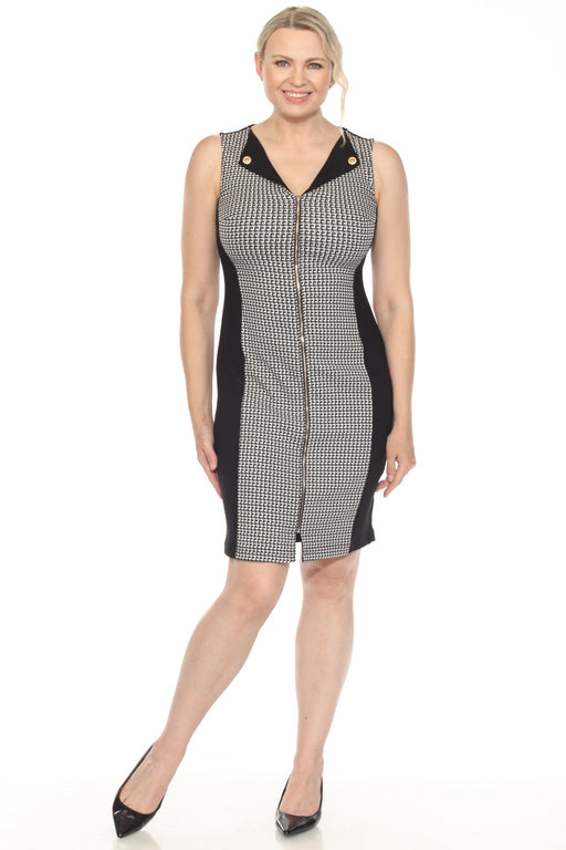 Joseph Ribkoff Style 251292 White/Black Geometric Blocked Zip Front Sheath Dress