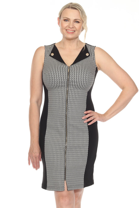 Joseph Ribkoff White/Black Geometric Blocked Zip Front Sheath Dress 251292