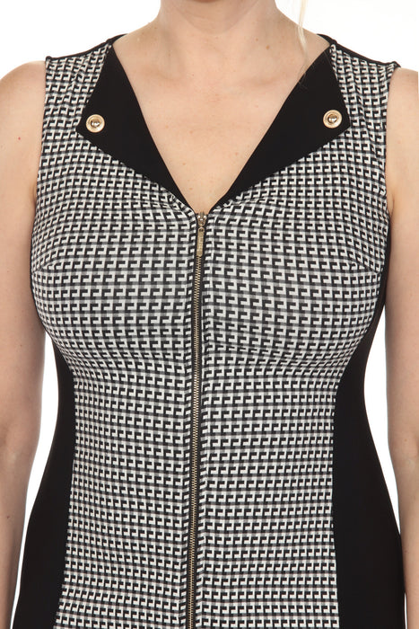 Joseph Ribkoff White/Black Geometric Blocked Zip Front Sheath Dress 251292